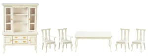 Dolls House White Dining Table, Chairs and Dresser Set Miniature 1:12th Scale