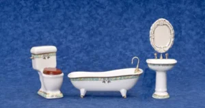 Dolls House Bathroom Set Green and Gold Pattern Furniture Miniature 1:12th Scale