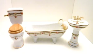 Dolls House Bathroom Set Victorian Rose Porcelain 3pc Miniature 1:12th Scale
