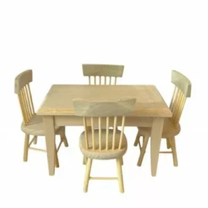 Dolls House Table and 4 Chairs Bare Wood Kitchen Furniture Miniature 1:12th Scale (M)