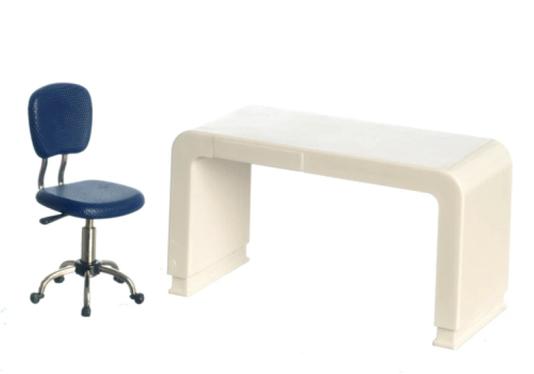 Dolls House Computer Desk and Blue Chair Study Office Miniature 1:12th Scale